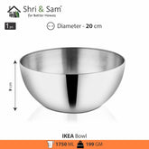 Silver Stainless Steel Ikea Bowl - 20 Cm, 1750ml | Dishwasher Safe, Rust Free & Lightweight